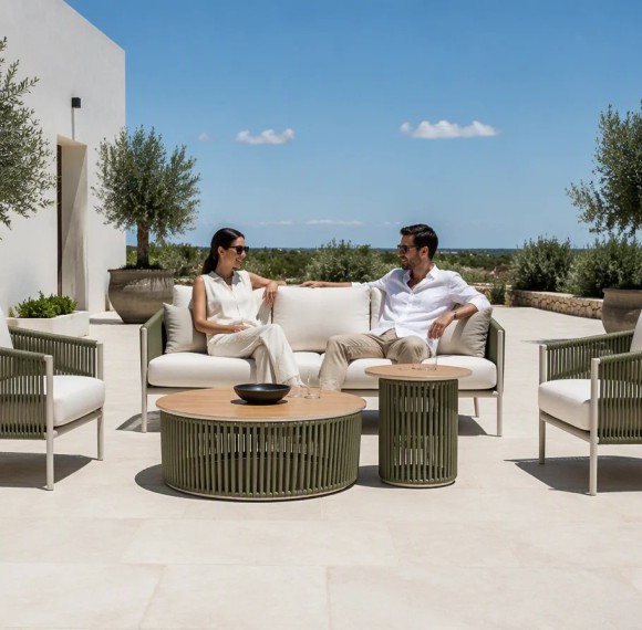 Rope Weave Aluminium Outdoor Sofa Set | 5-Piece Garden Lounge with Round Coffee Tables for Villa Terrace Hotel Poolside