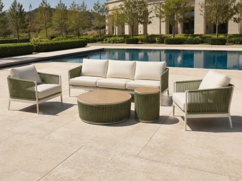Rope Weave Aluminium Outdoor Sofa Set | 5-Piece Garden Lounge with Round Coffee Tables for Villa Terrace Hotel Poolside
