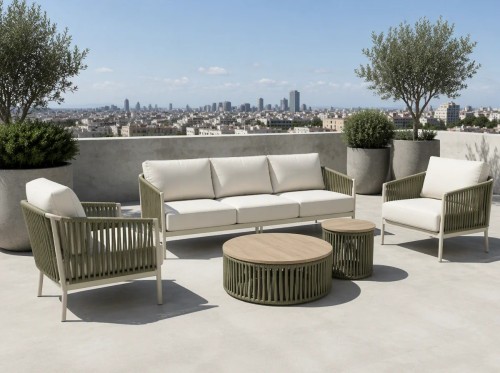 Rope Weave Aluminium Outdoor Sofa Set | 5-Piece Garden Lounge with Round Coffee Tables for Villa Terrace Hotel Poolside