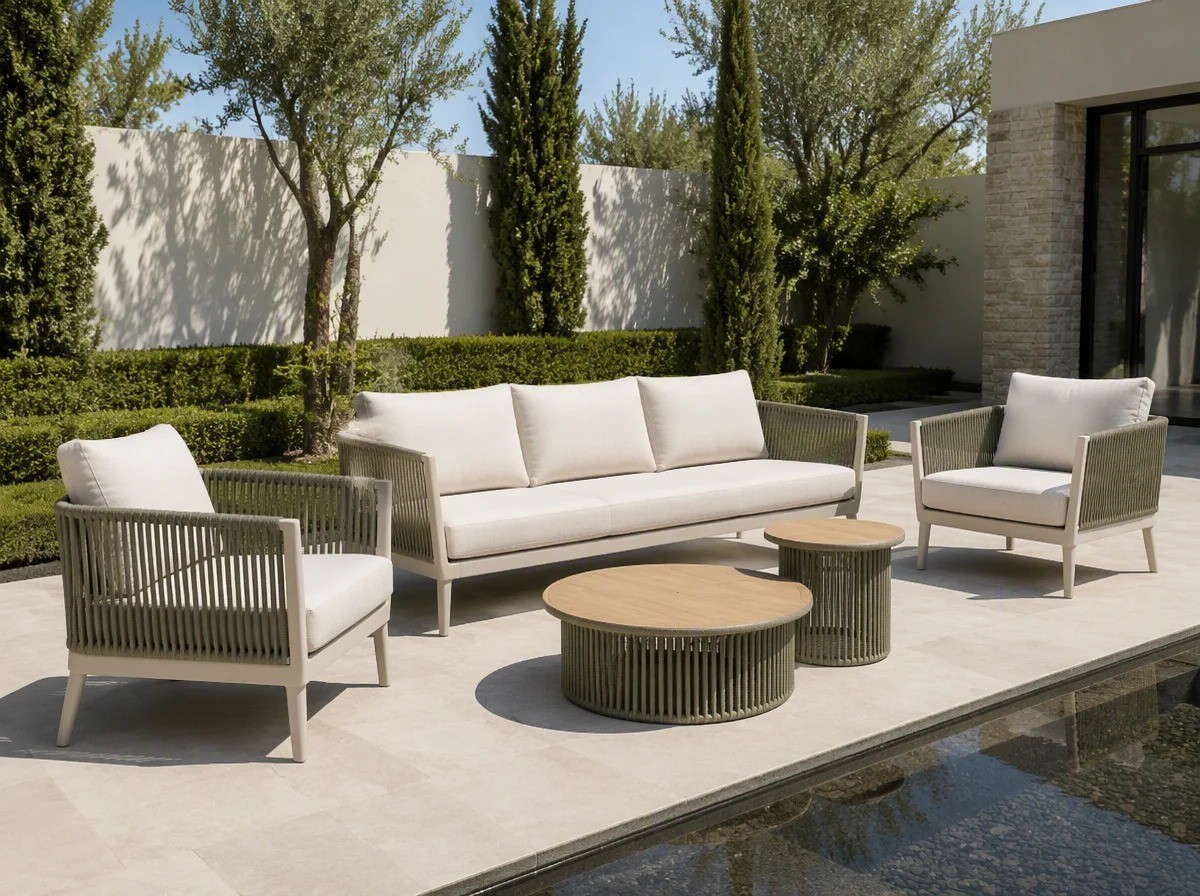 Rope weave aluminium outdoor sofa set beside a reflecting water feature in a villa courtyard