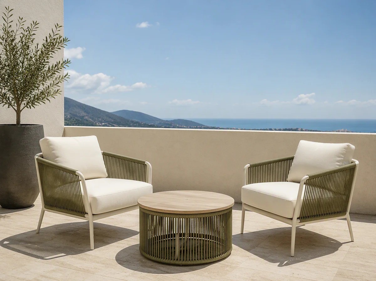 Two rope weave lounge armchairs with a round coffee table on a hotel suite balcony