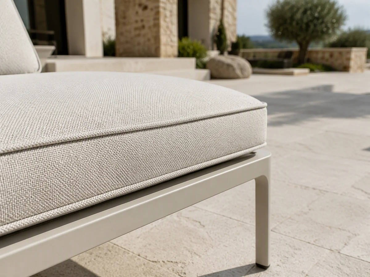 Close view of a thick cream outdoor seat cushion with a piped edge on a cream aluminium frame