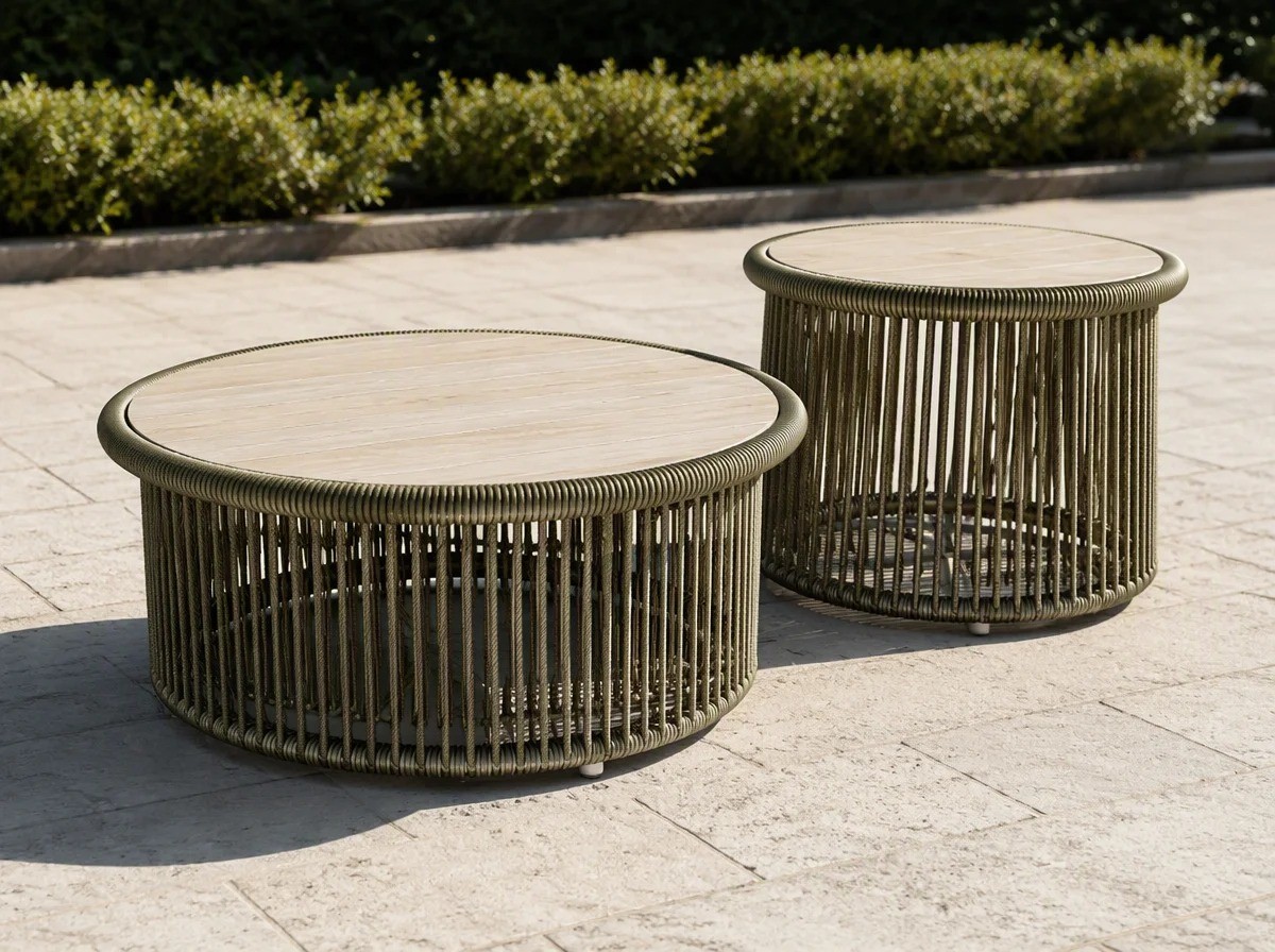 Two round rope-woven outdoor coffee tables with pale tops on a stone terrace