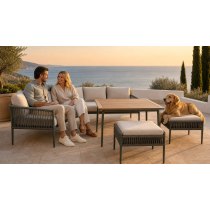 5-Piece Rope-Weave Aluminium Outdoor Sofa Set | Three-Seater, Two-Seater, Two Footstools & Wood-Top Coffee Table
