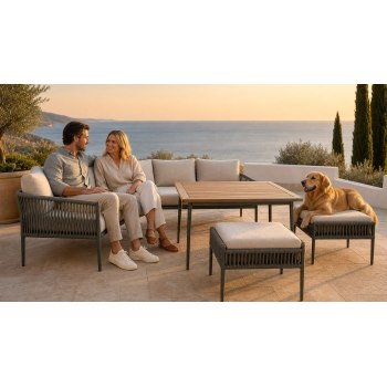 5-Piece Rope-Weave Aluminium Outdoor Sofa Set | Three-Seater, Two-Seater, Two Footstools & Wood-Top Coffee Table