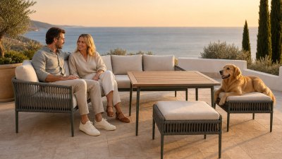 5-Piece Rope-Weave Aluminium Outdoor Sofa Set | Three-Seater, Two-Seater, Two Footstools & Wood-Top Coffee Table