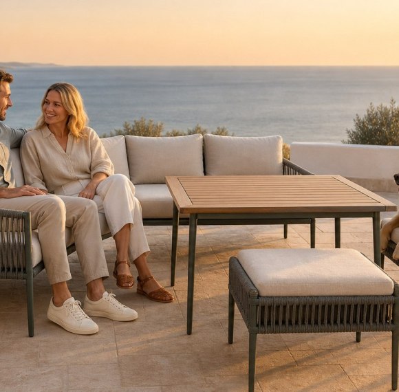 5-Piece Rope-Weave Aluminium Outdoor Sofa Set | Three-Seater, Two-Seater, Two Footstools & Wood-Top Coffee Table