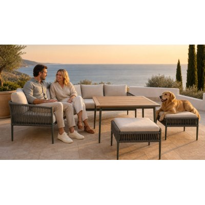 5-Piece Rope-Weave Aluminium Outdoor Sofa Set | Three-Seater, Two-Seater, Two Footstools & Wood-Top Coffee Table