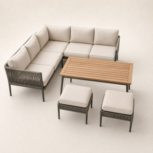 5-Piece Rope-Weave Aluminium Outdoor Sofa Set | Three-Seater, Two-Seater, Two Footstools & Wood-Top Coffee Table