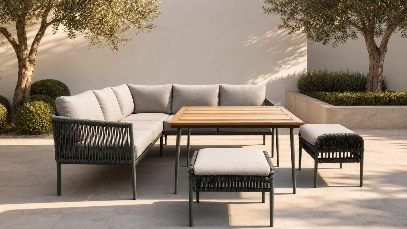 Aluminium and rope-weave outdoor sofa set on a villa courtyard terrace with olive trees