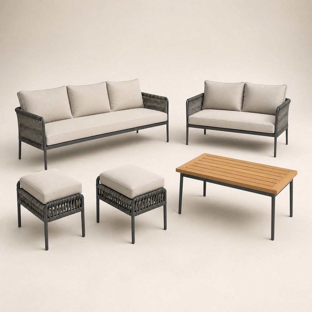 The five pieces of the set shown separately: three-seater sofa, two-seater sofa, two footstools and a coffee table