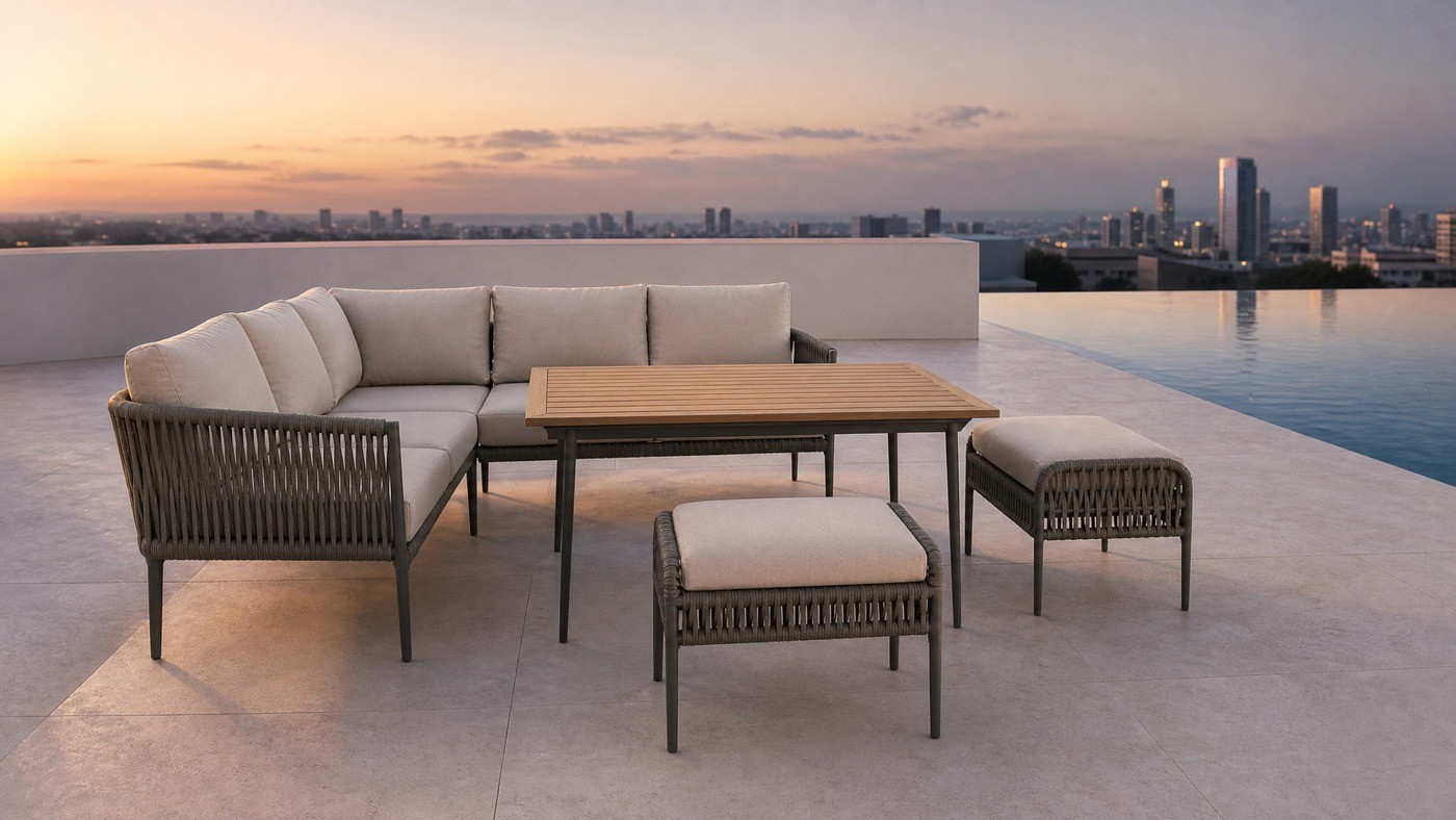 Aluminium rope-weave outdoor sofa set on a rooftop terrace beside a pool at dusk