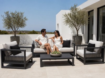 Aluminium Outdoor Sofa Set | 4-Piece Garden Lounge with Slatted Coffee Table for Villa Courtyard Hotel Terrace Rooftop