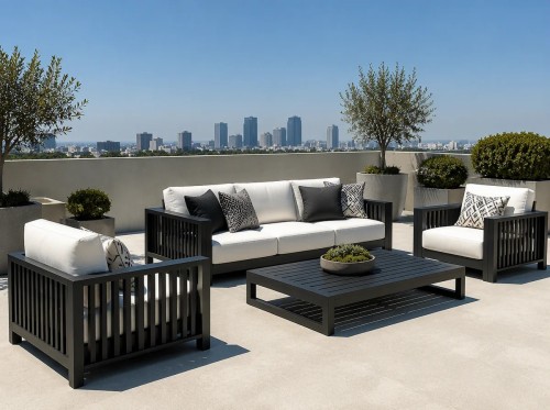 Aluminium Outdoor Sofa Set | 4-Piece Garden Lounge with Slatted Coffee Table for Villa Courtyard Hotel Terrace Rooftop