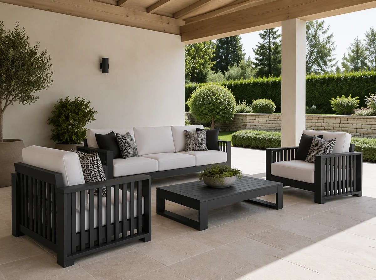 Charcoal aluminium outdoor sofa set under a covered garden pavilion with a timber ceiling