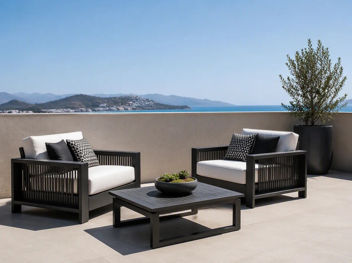 Two charcoal aluminium lounge armchairs with a slatted coffee table on a hotel suite balcony