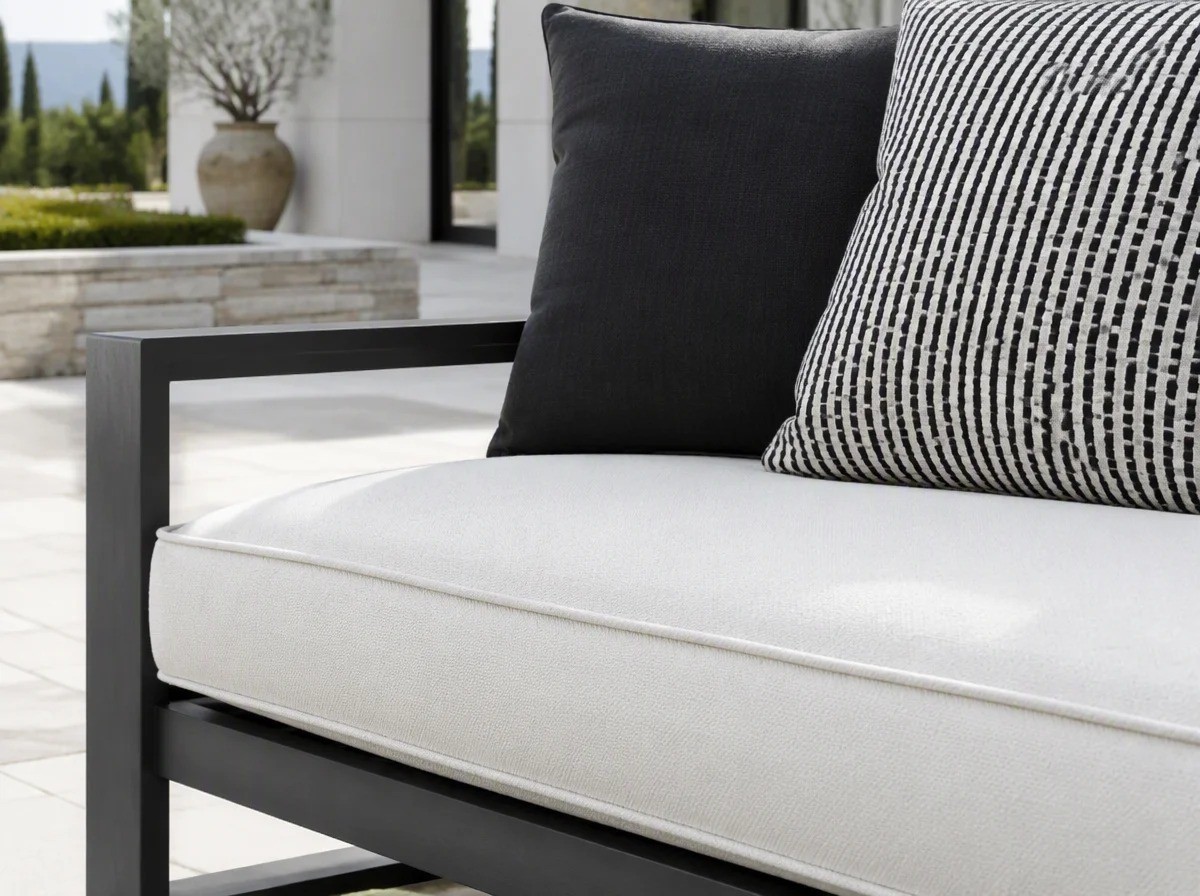 Close view of an ivory outdoor seat cushion with charcoal and black-and-white patterned scatter cushions on a charcoal frame