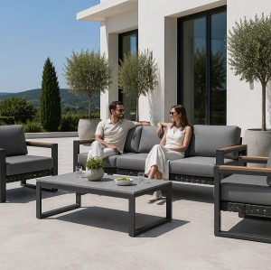 Aluminium Outdoor Sofa Set | 4-Piece Garden Lounge with Wood-Look Arms for Villa Patio Hotel Terrace Poolside