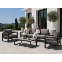 Aluminium Outdoor Sofa Set | 4-Piece Garden Lounge with Wood-Look Arms for Villa Patio Hotel Terrace Poolside