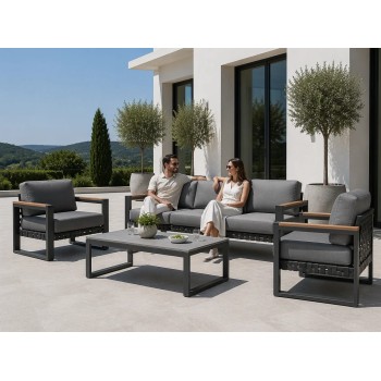 Aluminium Outdoor Sofa Set | 4-Piece Garden Lounge with Wood-Look Arms for Villa Patio Hotel Terrace Poolside