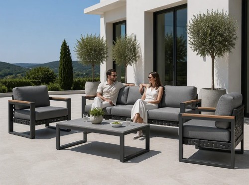Aluminium Outdoor Sofa Set | 4-Piece Garden Lounge with Wood-Look Arms for Villa Patio Hotel Terrace Poolside