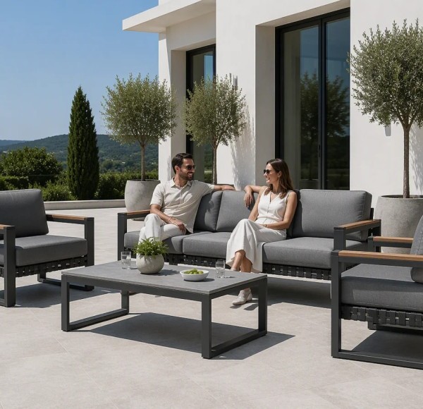 Aluminium Outdoor Sofa Set | 4-Piece Garden Lounge with Wood-Look Arms for Villa Patio Hotel Terrace Poolside