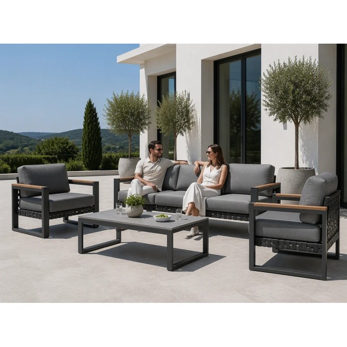 Aluminium Outdoor Sofa Set | 4-Piece Garden Lounge with Wood-Look Arms for Villa Patio Hotel Terrace Poolside
