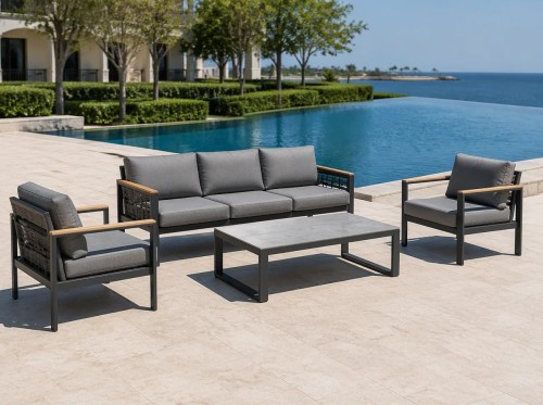 Aluminium Outdoor Sofa Set | 4-Piece Garden Lounge with Wood-Look Arms for Villa Patio Hotel Terrace Poolside