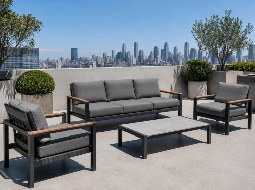 Aluminium Outdoor Sofa Set | 4-Piece Garden Lounge with Wood-Look Arms for Villa Patio Hotel Terrace Poolside