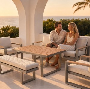 5-Piece Aluminium Outdoor Sofa Set | Three-Seater, Two Single Chairs, Wood-Top Coffee Table & Bench