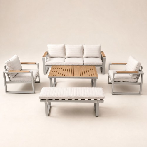 5-Piece Aluminium Outdoor Sofa Set | Three-Seater, Two Single Chairs, Wood-Top Coffee Table & Bench