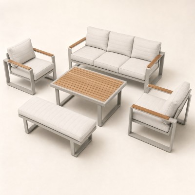 5-Piece Aluminium Outdoor Sofa Set | Three-Seater, Two Single Chairs, Wood-Top Coffee Table & Bench