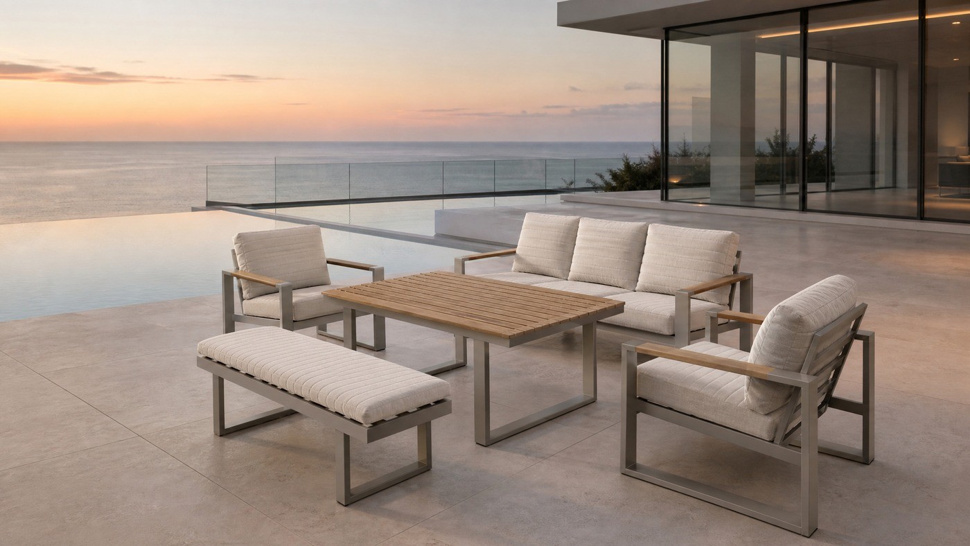Aluminium outdoor sofa set with bench and wood-top coffee table beside an infinity pool