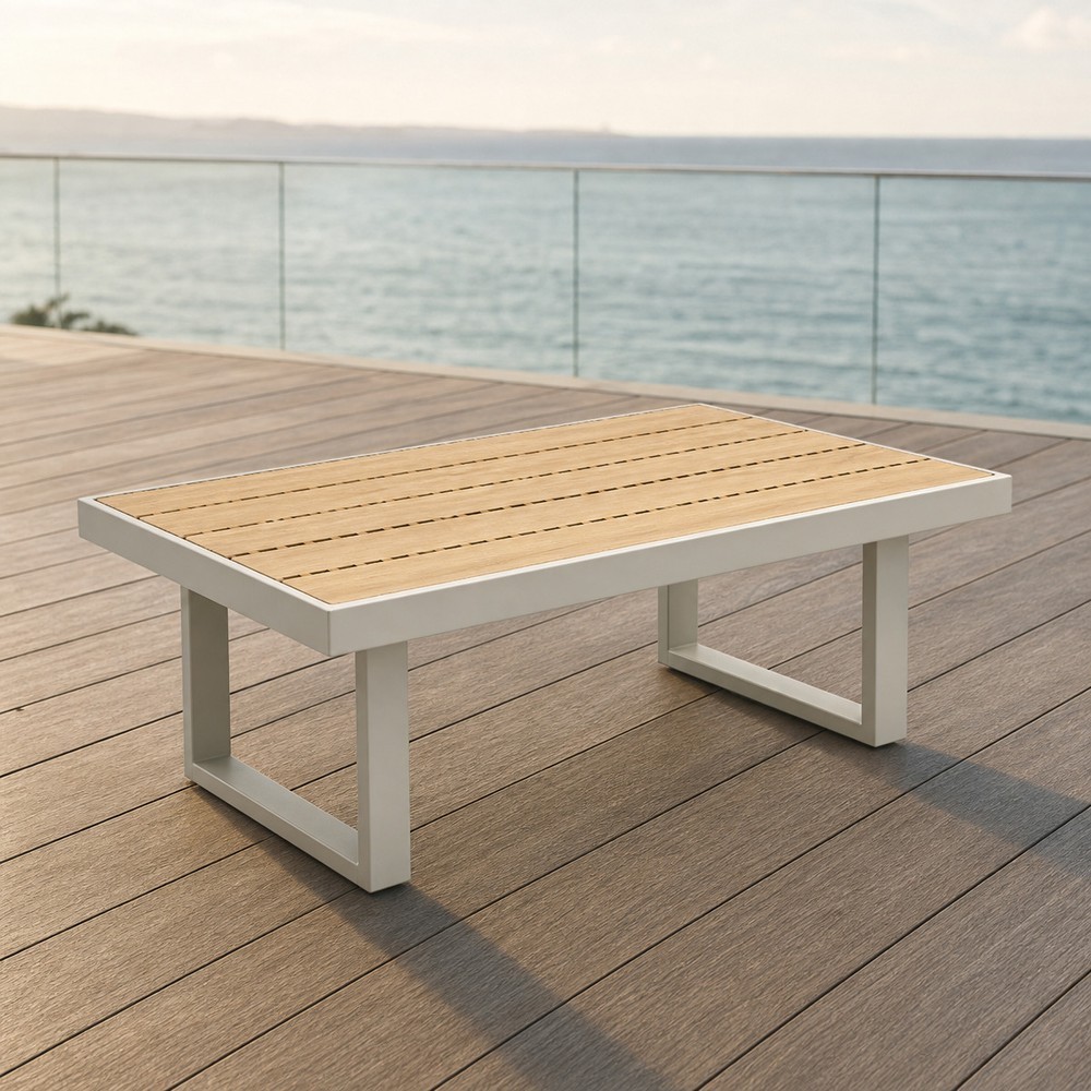 Coffee table with wood-slat top in a light grey aluminium frame