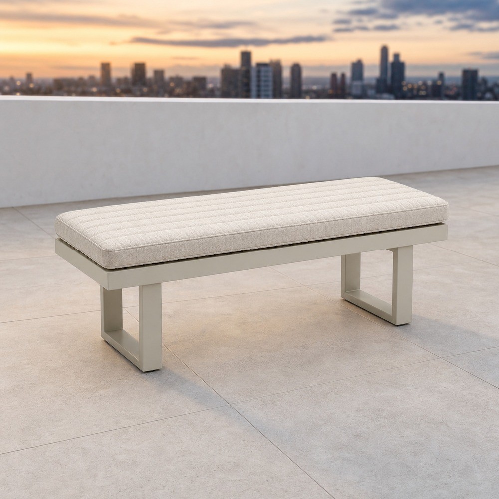 Cushioned outdoor bench on a light grey aluminium sled frame