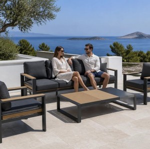 Aluminium Outdoor Sofa Set | 4-Piece Garden Lounge with Wood-Slat Panels for Villa Terrace Hotel Poolside