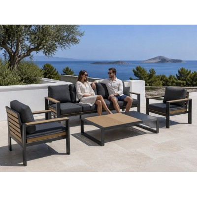 Aluminium Outdoor Sofa Set | 4-Piece Garden Lounge with Wood-Slat Panels for Villa Terrace Hotel Poolside