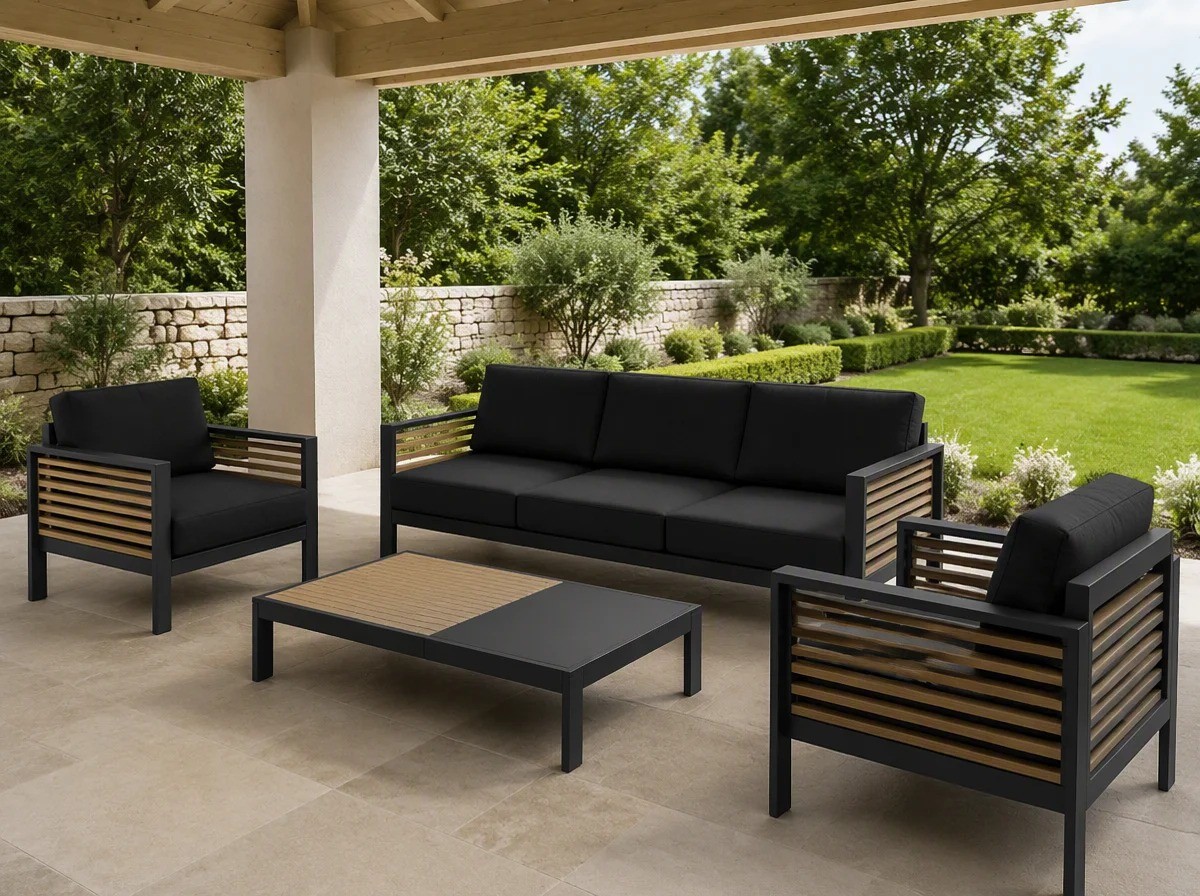 Charcoal aluminium outdoor sofa set with wood-slat panels under a covered garden pavilion with a timber ceiling