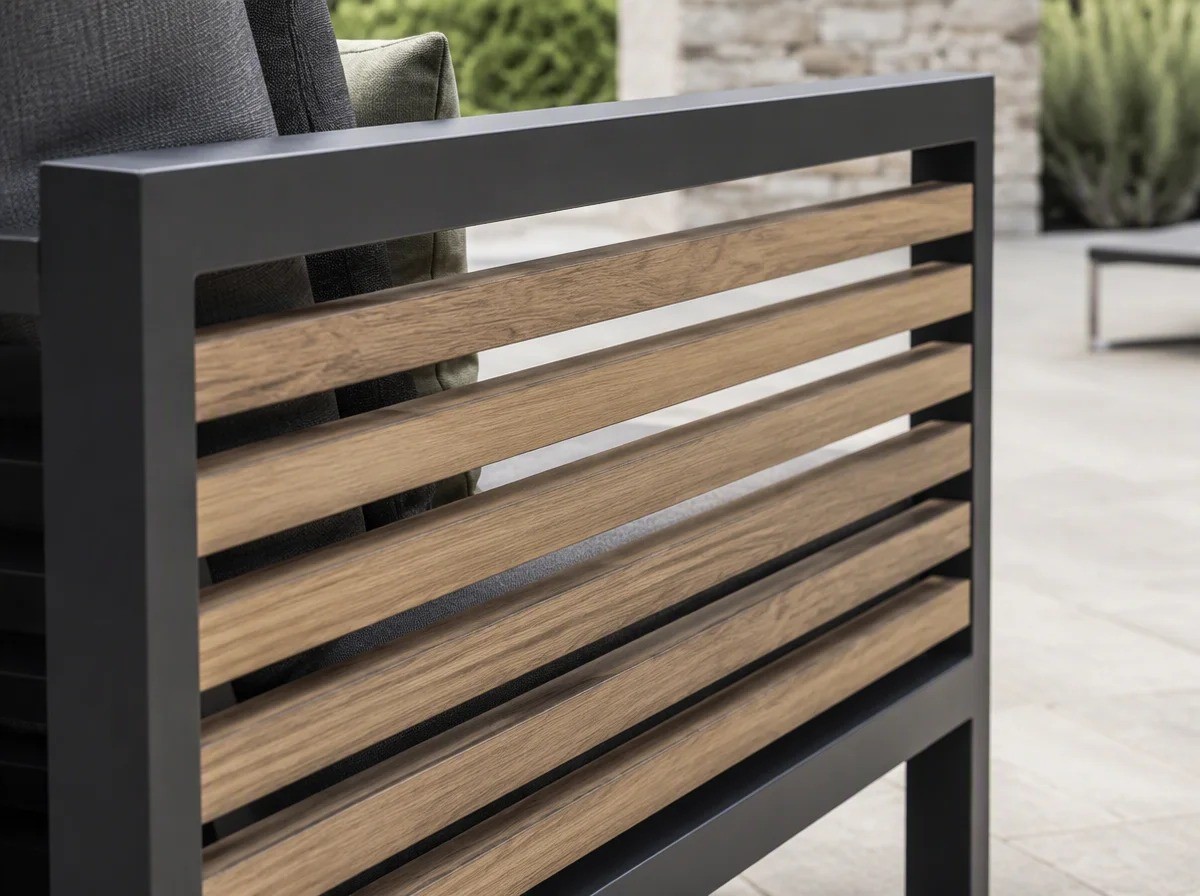 Close view of thin wood-look slats spanning the open arm panel of a charcoal aluminium outdoor armchair with gaps between them