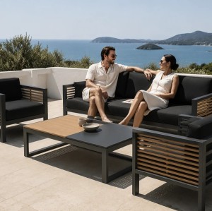 Aluminium Outdoor Sofa Set | 4-Piece Garden Lounge with Wood-Slat Panels for Villa Terrace Hotel Poolside