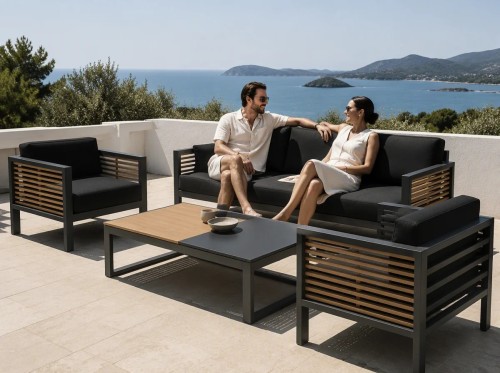 Aluminium Outdoor Sofa Set | 4-Piece Garden Lounge with Wood-Slat Panels for Villa Terrace Hotel Poolside