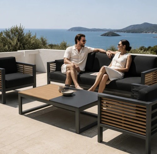 Aluminium Outdoor Sofa Set | 4-Piece Garden Lounge with Wood-Slat Panels for Villa Terrace Hotel Poolside