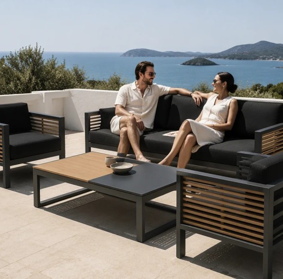 Aluminium Outdoor Sofa Set | 4-Piece Garden Lounge with Wood-Slat Panels for Villa Terrace Hotel Poolside