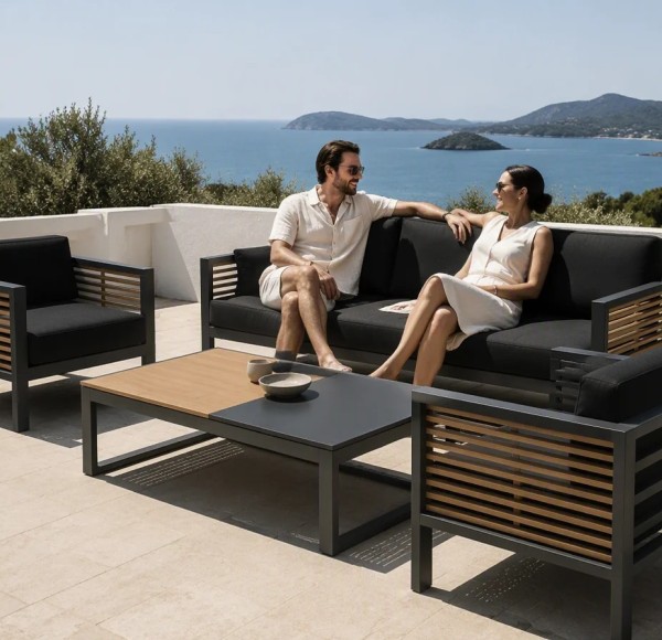 Aluminium Outdoor Sofa Set | 4-Piece Garden Lounge with Wood-Slat Panels for Villa Terrace Hotel Poolside
