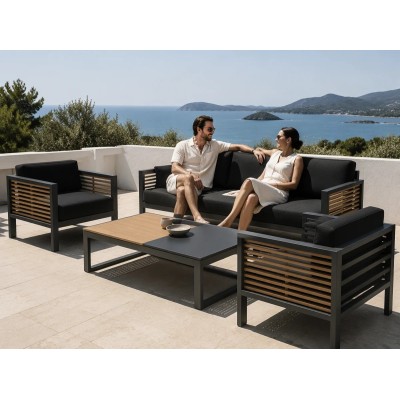Aluminium Outdoor Sofa Set | 4-Piece Garden Lounge with Wood-Slat Panels for Villa Terrace Hotel Poolside