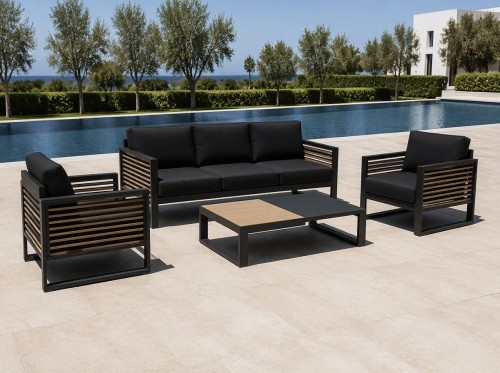 Aluminium Outdoor Sofa Set | 4-Piece Garden Lounge with Wood-Slat Panels for Villa Terrace Hotel Poolside