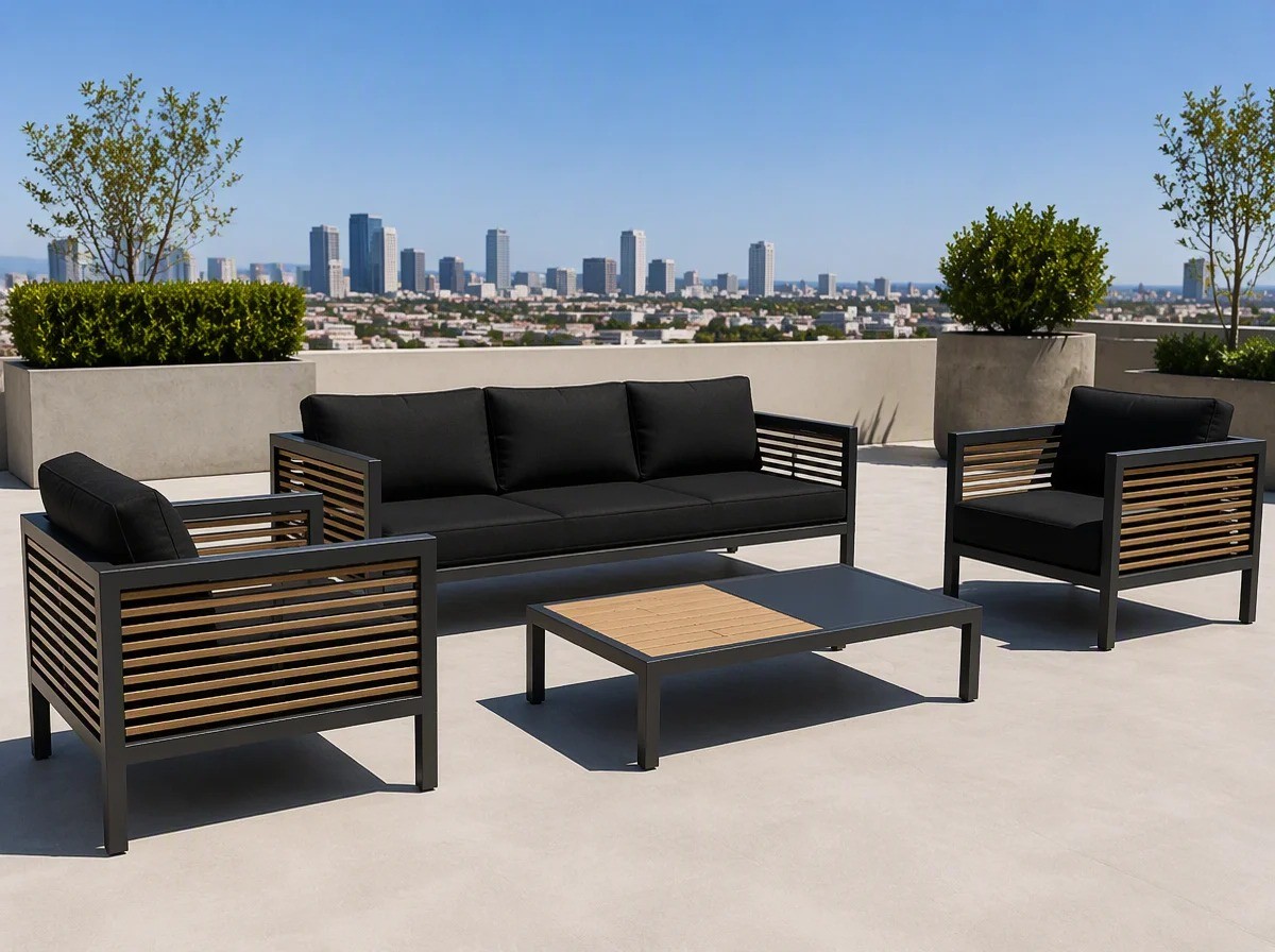 A four-piece outdoor lounge set with slatted wood-look arm panels on a rooftop terrace