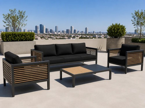 Aluminium Outdoor Sofa Set | 4-Piece Garden Lounge with Wood-Slat Panels for Villa Terrace Hotel Poolside
