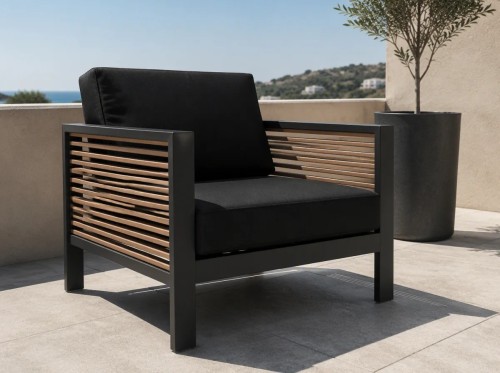 Aluminium Outdoor Sofa Set | 4-Piece Garden Lounge with Wood-Slat Panels for Villa Terrace Hotel Poolside