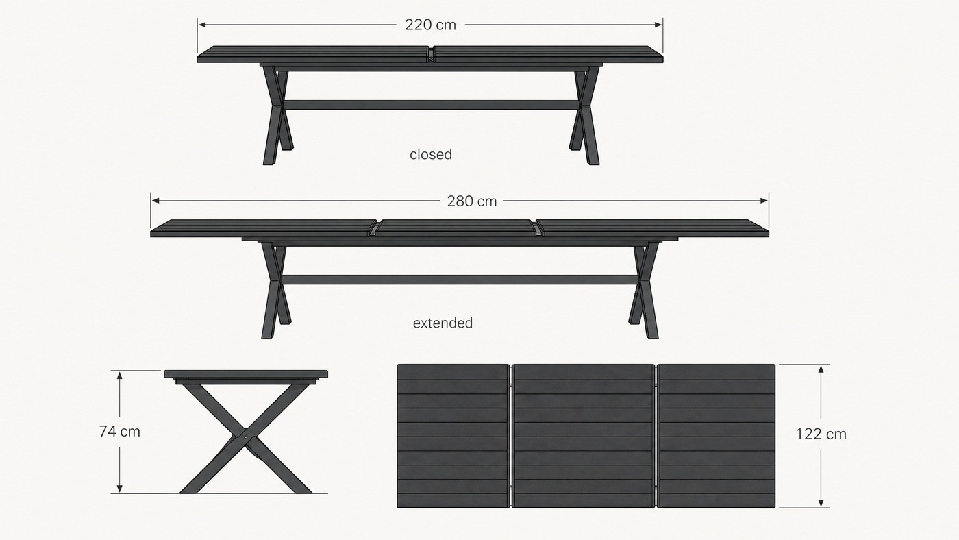 Dimension drawing of the extendable outdoor dining table showing 220 cm closed, 280 cm extended, 122 cm wide and 74 cm high